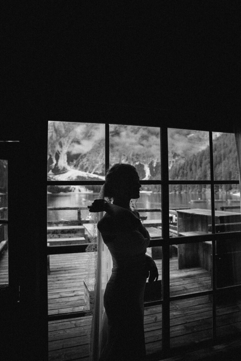 A quiet wedding moment in black and white